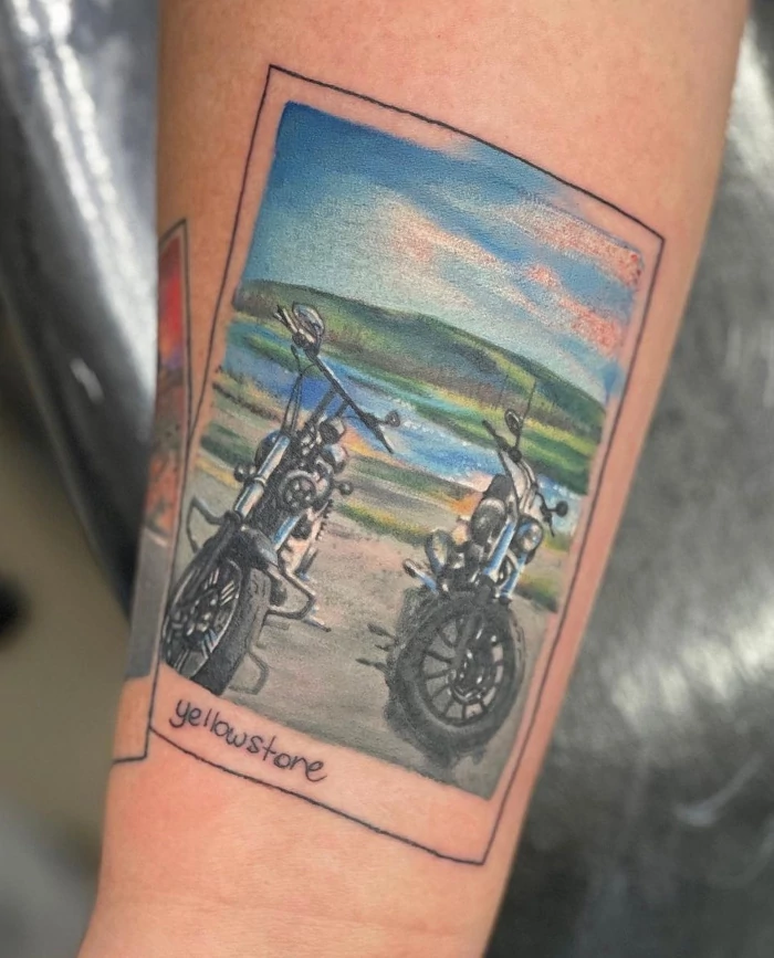 Poloroid shot of yellowstone park with motorcycles full color tattoo by tattoo artist Russ Howie of Sacred Mandala Studio in Durham, NC.